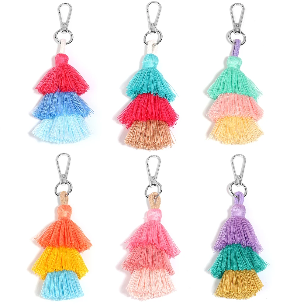 1 Stück Quasten-Schlüsselanhänger, Bohemian-Stil, Mehrfarbig, Einfach, 3-lagiger Schlüsselring für Frauen und Mädchen, DIY Handgemachter Schmuck, Geschenk, Handtaschen-Accessoire