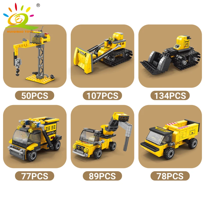 HUIQIBAO 535pcs 6in1 Engineering Truck Building Blocks City Construction Bulldozer Crane Car Bricks Set For Children TOYS Kids