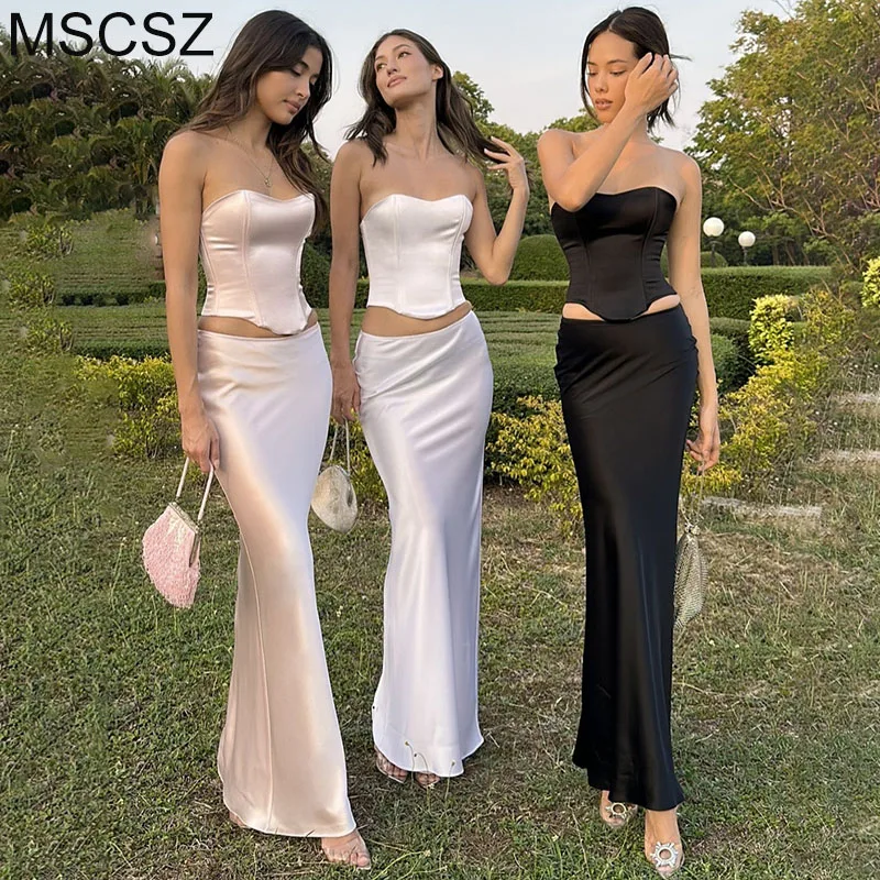 Elegant High Wait Long Satin Skirt Sets For Women 2 Pieces Set Evening Party Outfits Mermaid Maxi Skirt New In Matching Set