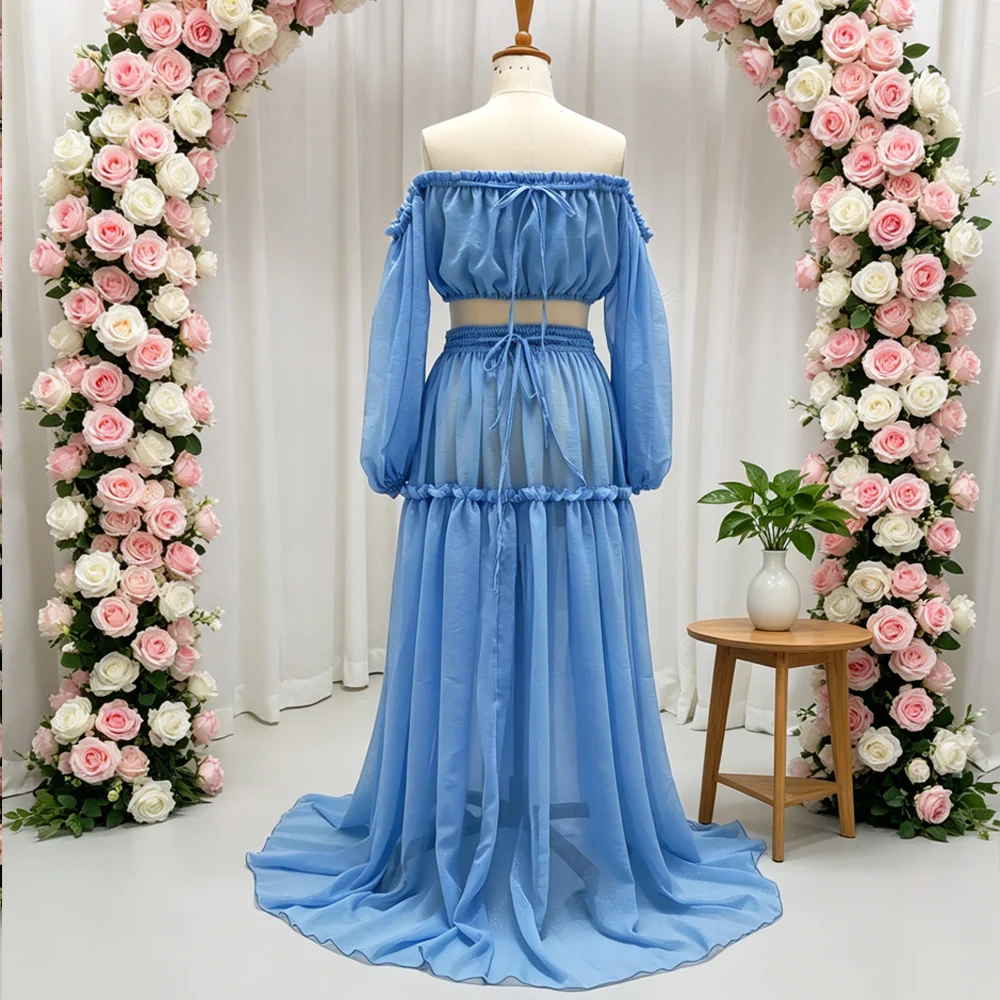 Boho Maternity Dress For Photo Shoot Woman Starlight Dot Chiffon Dress Off Shoulder Long Sleeve Beach Photography Gown