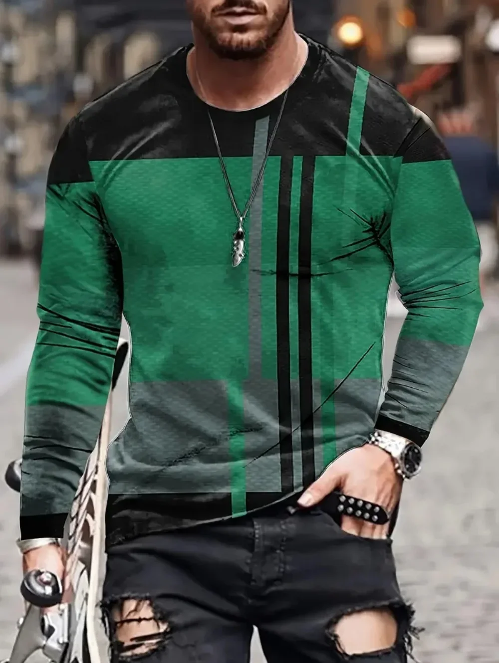 Herren Langarm-T-Shirt aus Polyester mit 3D-Druck, Vintage-Bürstertextur, geometrischem Grafikmuster, Rundhalsausschnitt, lässige Streetwear-Oberteile – Detail 11