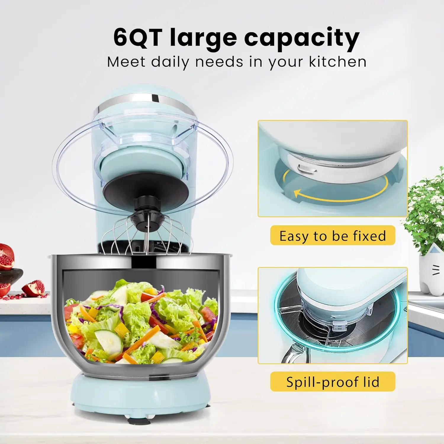 خلاط كهربائي بحامل 660 وات برأس مائل 10 سرعات 6 كوارت خلاط طعام المطبخ مع خطاف عجين الخافق سلك سوط وفاصل البيض