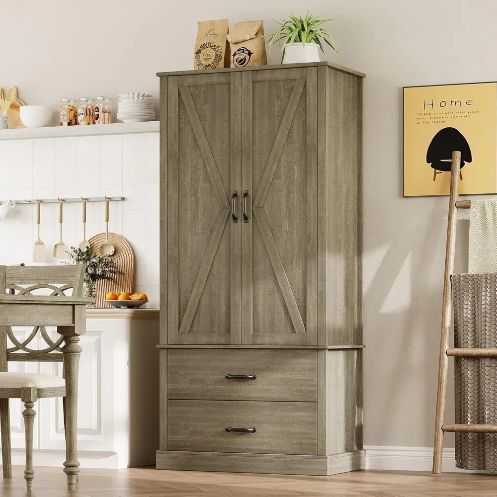 

Kitchen Pantry Cabinet, Farmhouse Storage Cabinet With Barn Doors, Drawers And Adjustable Shelves, Versatile Storage For Kitche