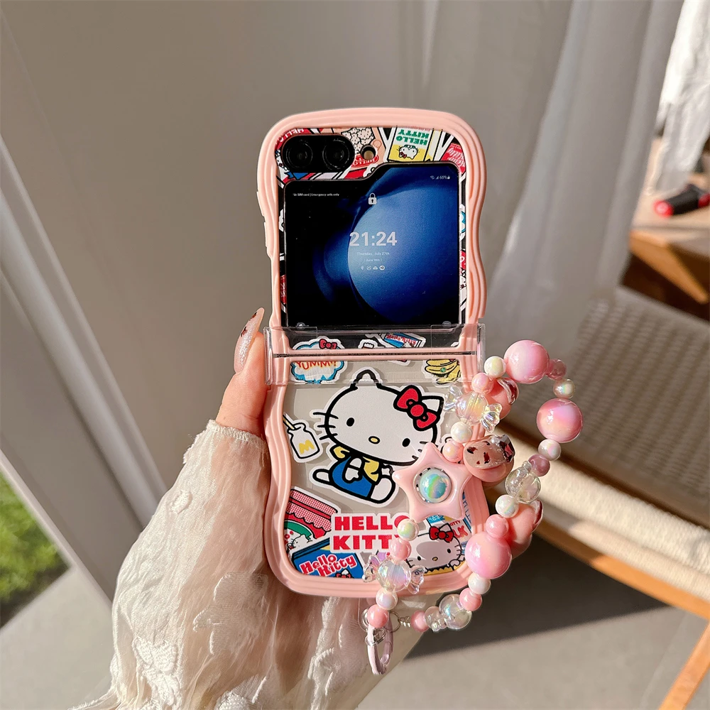 

Japan Anime Kitty Cute Cartoon Phone Case For Samsung Galaxy Z Flip 7 6 5 4 3 Case Curly Wavy Soft TPU back Cover With Lanyard