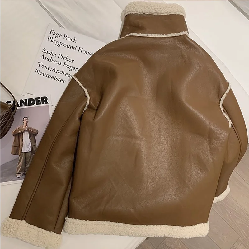 PU Leather Lambswool Jacket Women Overcoat 2023 Winter Thick Warm Parka Female Outwear Korean Loose Lambswool Motorcycle Clothes