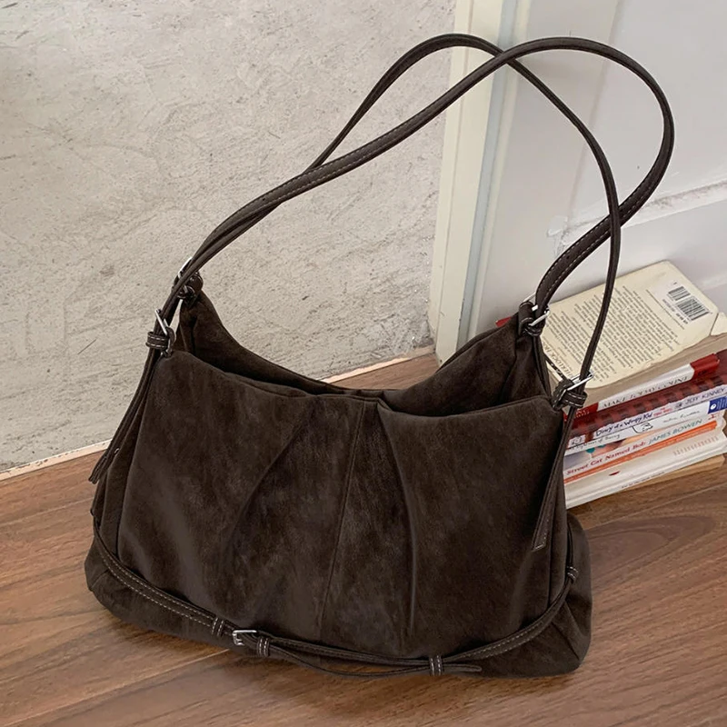 

Роскошная замшевая сумка-тоут, женская дизайнерская сумка на плечо с пряжкой на ремне и большой вместительностью, минималистичная однотонная сумка через плечо для поездок на работу