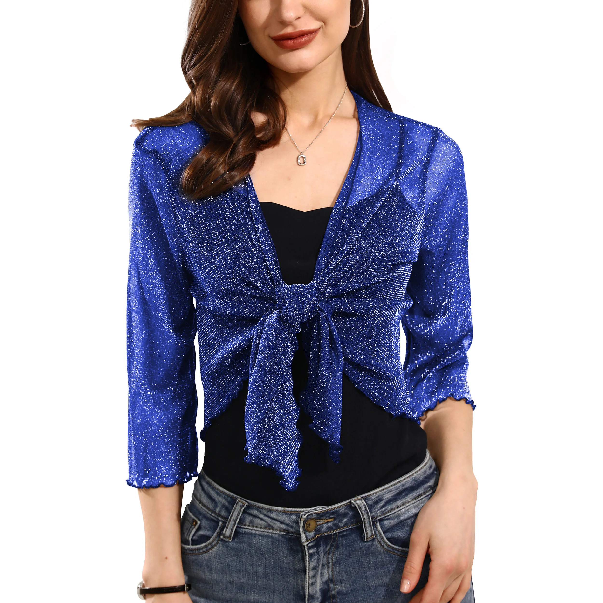 Womens Shiny Sheer Shrug Tie Top Open Front Cardigan Lightweight Knit Top Over Coat