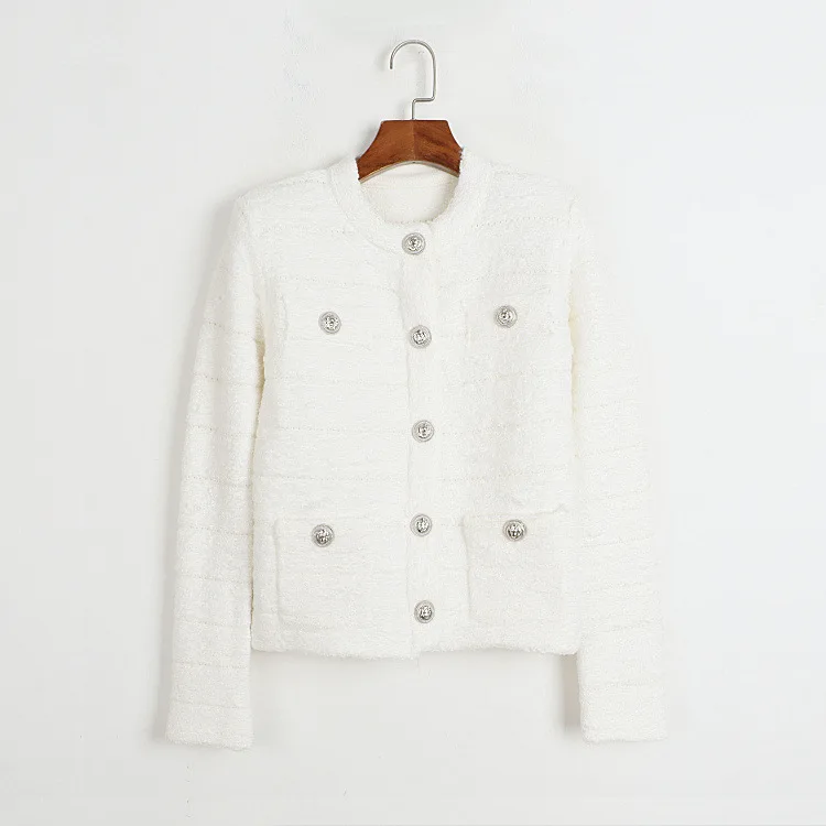 

High-Quality Autumn/Winter New Fashion Round-Neck Tweed Cardigan, French-Inspired Long-Sleeve Jacket with Metal Buttons