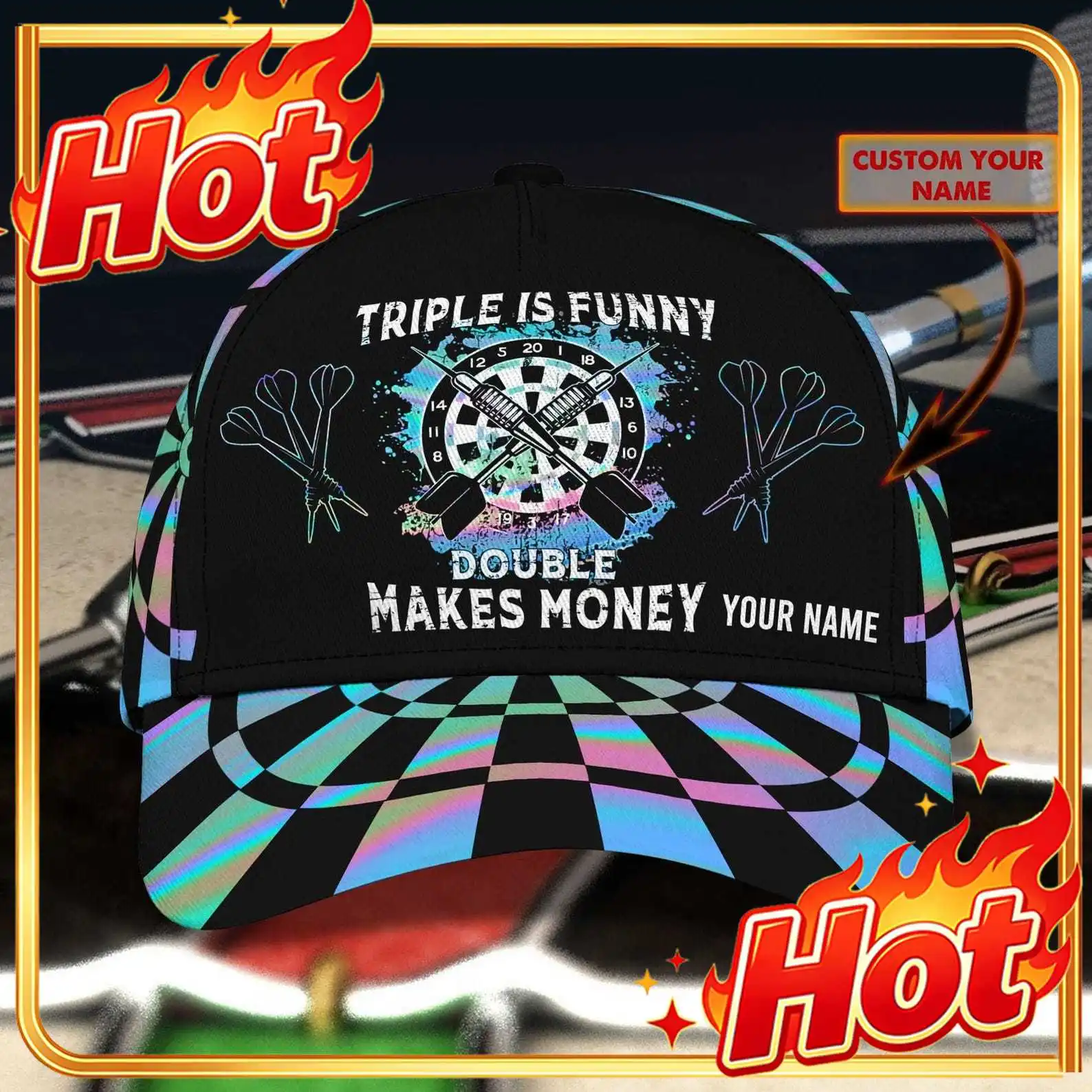 Custom 3D All Over Printed Dart Hologram Cap Hat, Triple Is Funny Double Makes Money Dartboard Hat, Gift For Dart Lover