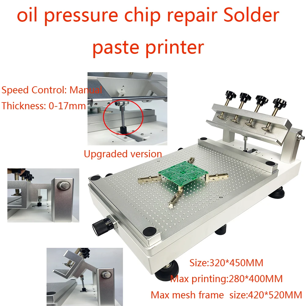 

LY New Oil Pressure Silk Printing Platform Gas Spring Manual Speed Control Chip Repair Solder Paste Printer 0-17mm Thickness