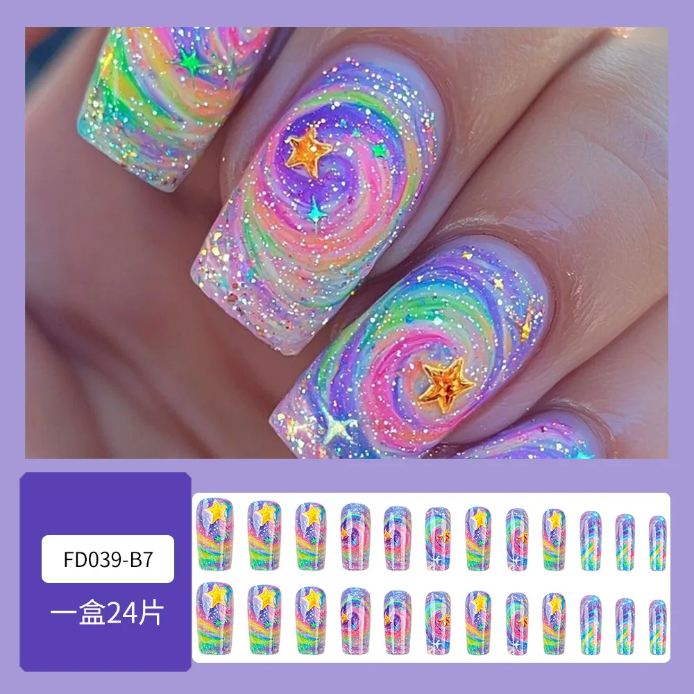 24 Uds deslumbrante cielo estrellado uñas postizas Flash lentejuelas coloridas patrón de estrella dorada prensa en uñas Y2k gradiente romántico uñas postizas