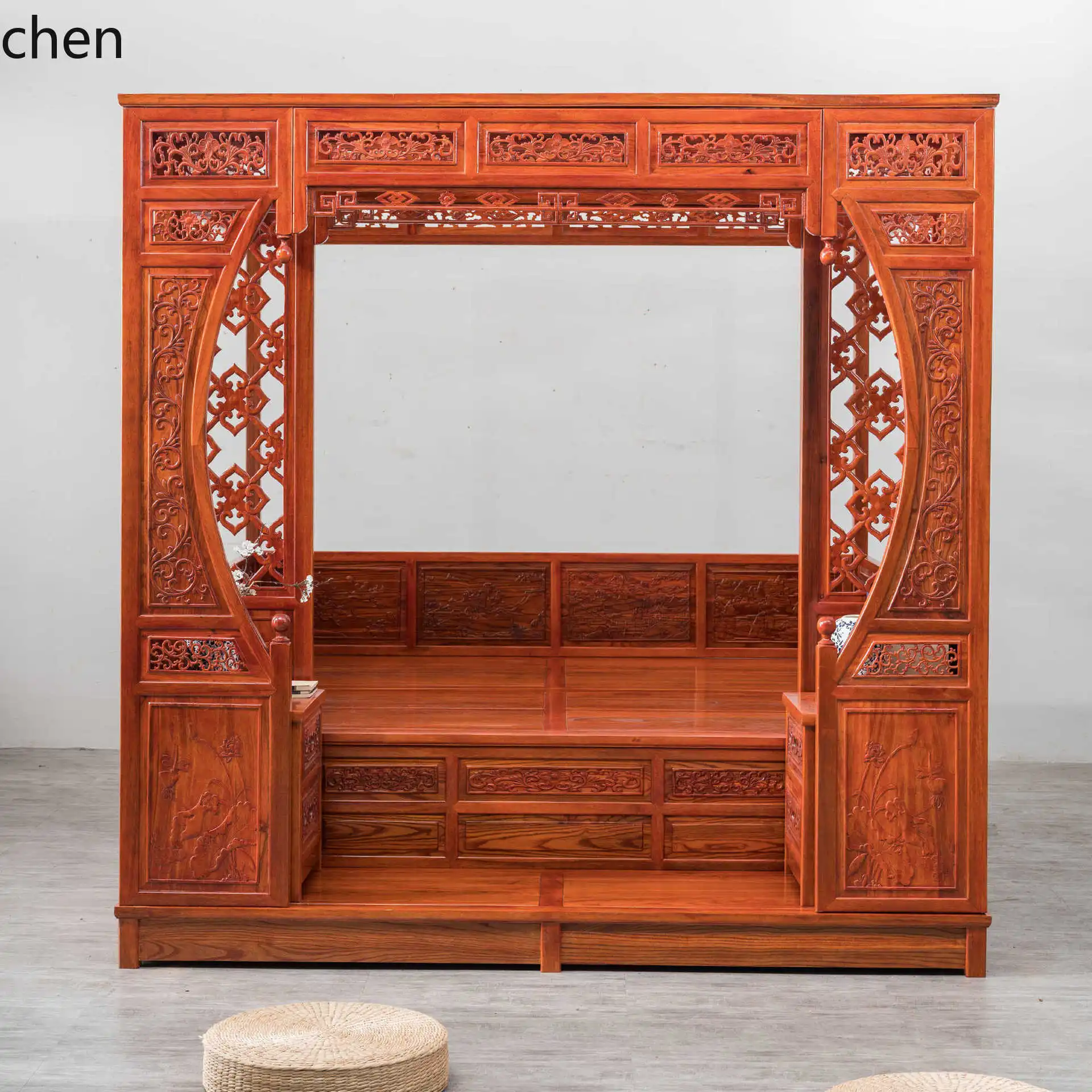 CZ Golden Flower Pear Carved Vintage Step Bed Antique Furniture Palace Solid Wood Bed Stepped Bed Frame
