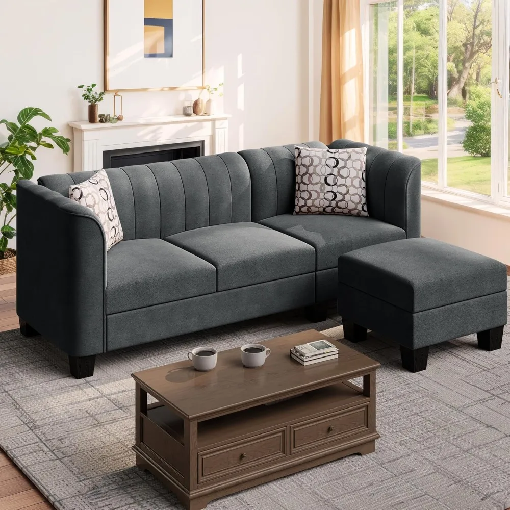 Umwandelbares Sofagarnitur, 3-Sitzer-Sofa in L-Form mit hoher Armlehne, Leinenstoff, kleine Couch aus der Mitte des Jahrhunderts für das Wohnzimmer