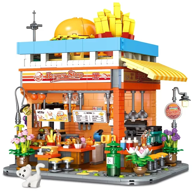 1727Pcs Creative Street View Burger Shop Building Blocks Kit Fast Food Restaurant House Sets Model Bricks MOC Toys Kids Gifts