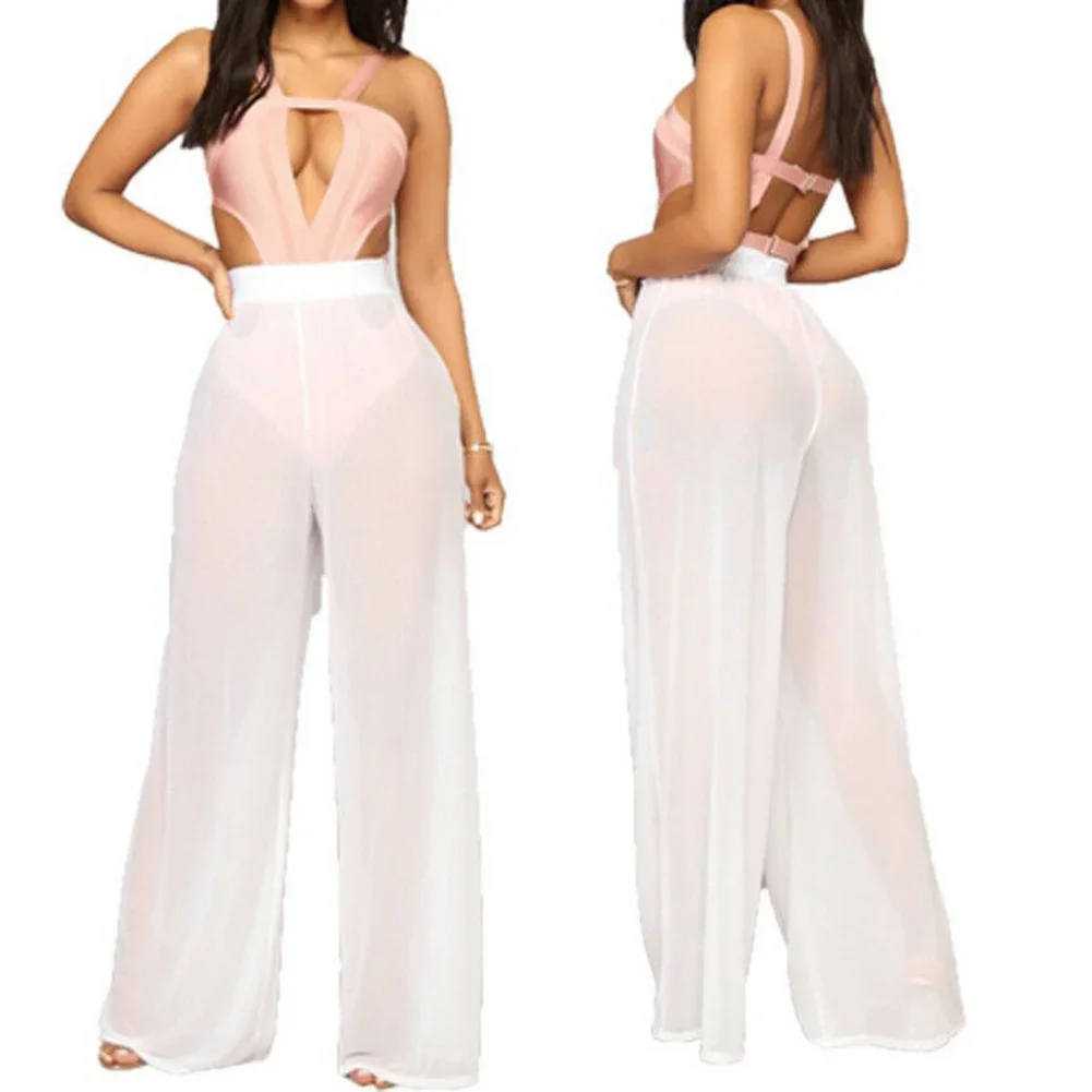 Hose mit hoher Taille, durchsichtig, weich, dynamisch, elastisch, lang, locker, aus Mesh, Polyester, einfarbig, transparent, für den Strand – Detail 8
