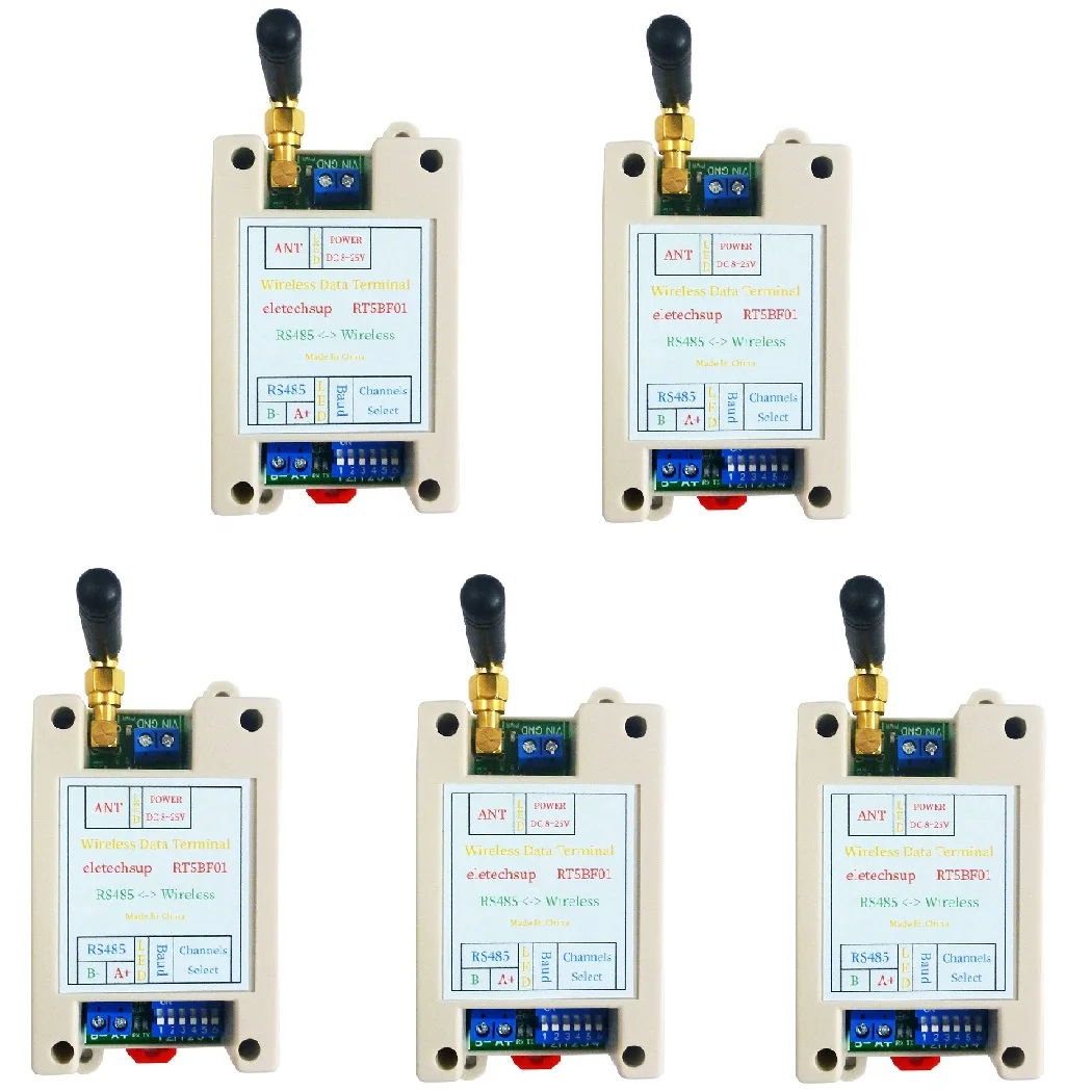 5X DC 12V 24V Din Rail DIP Switch RS485 Wireless Transceiver 20DBM -121dBm UART Transmitter and Receiver Modbus RTU Module