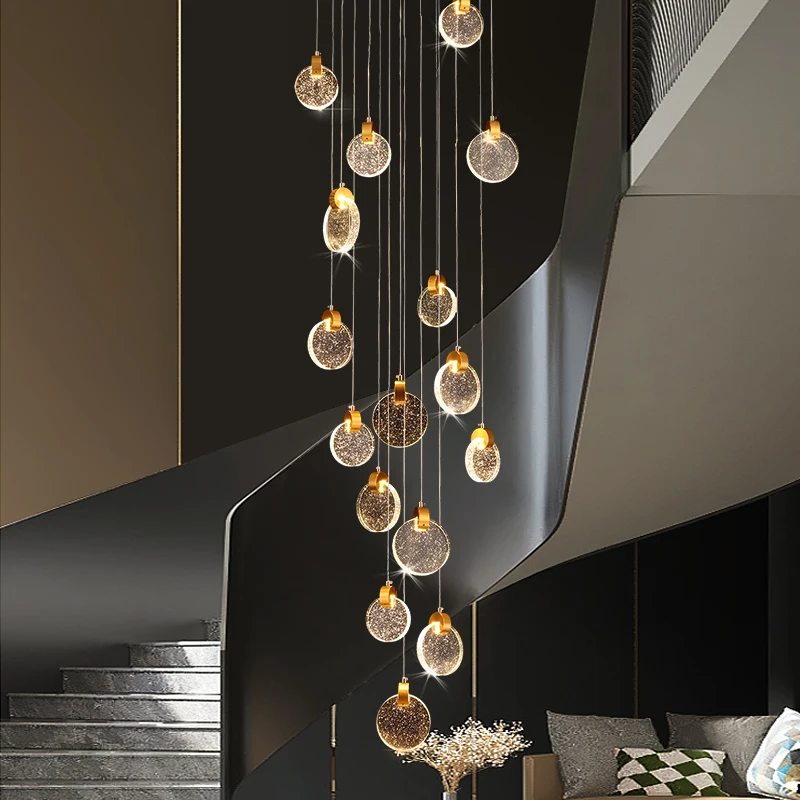 Postmodern LED Stair Chandeliers Luxury Crystal Light Duplex Villa Attic Living Room Ceiling Pendant Lamp Luster Home Decoration
