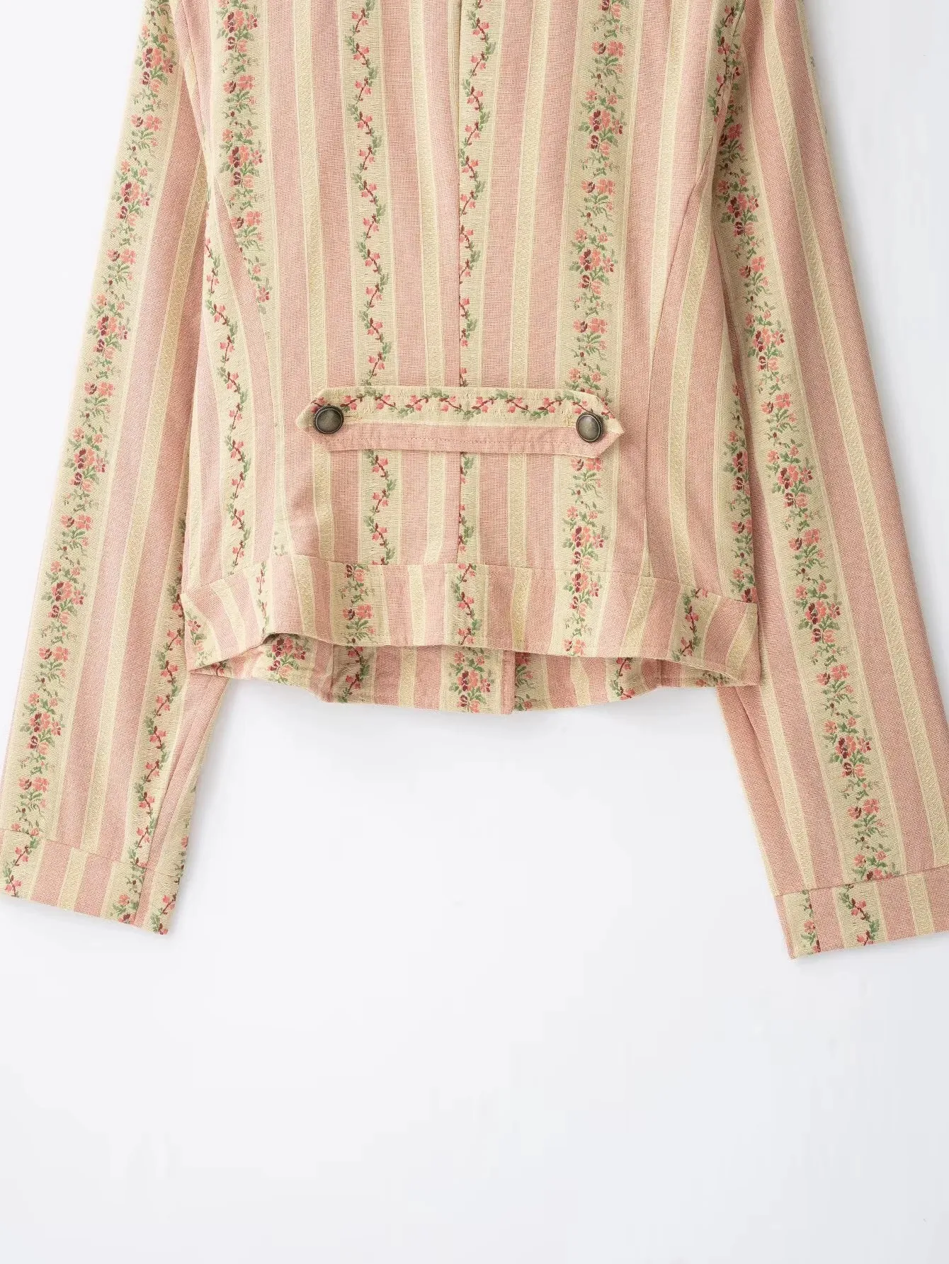 Elegante Damenjacke mit Blumenmuster und Streifen, Jacquard, Herbstmode 2026, Diagonalknöpfe, Stehkragen, lange Ärmel, kurzer Damenmantel – Detail 7