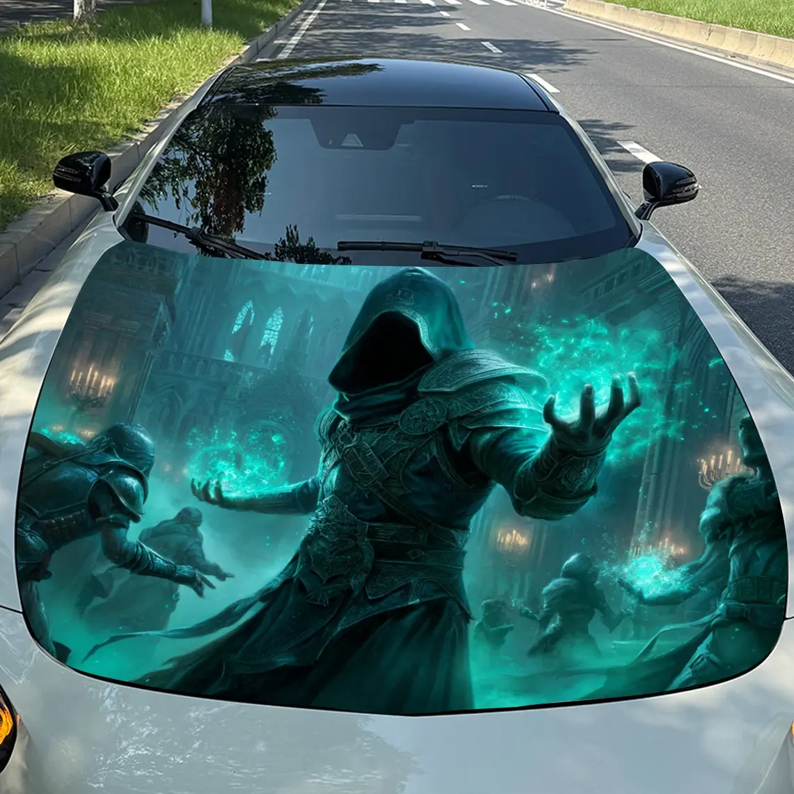 

Cyan Flame Occult Envoy Car Vinyl Wrap, PVC Material Waterproof Car Hood Sticker, Self-Adhesive Scratch-Resistant Stickers for E