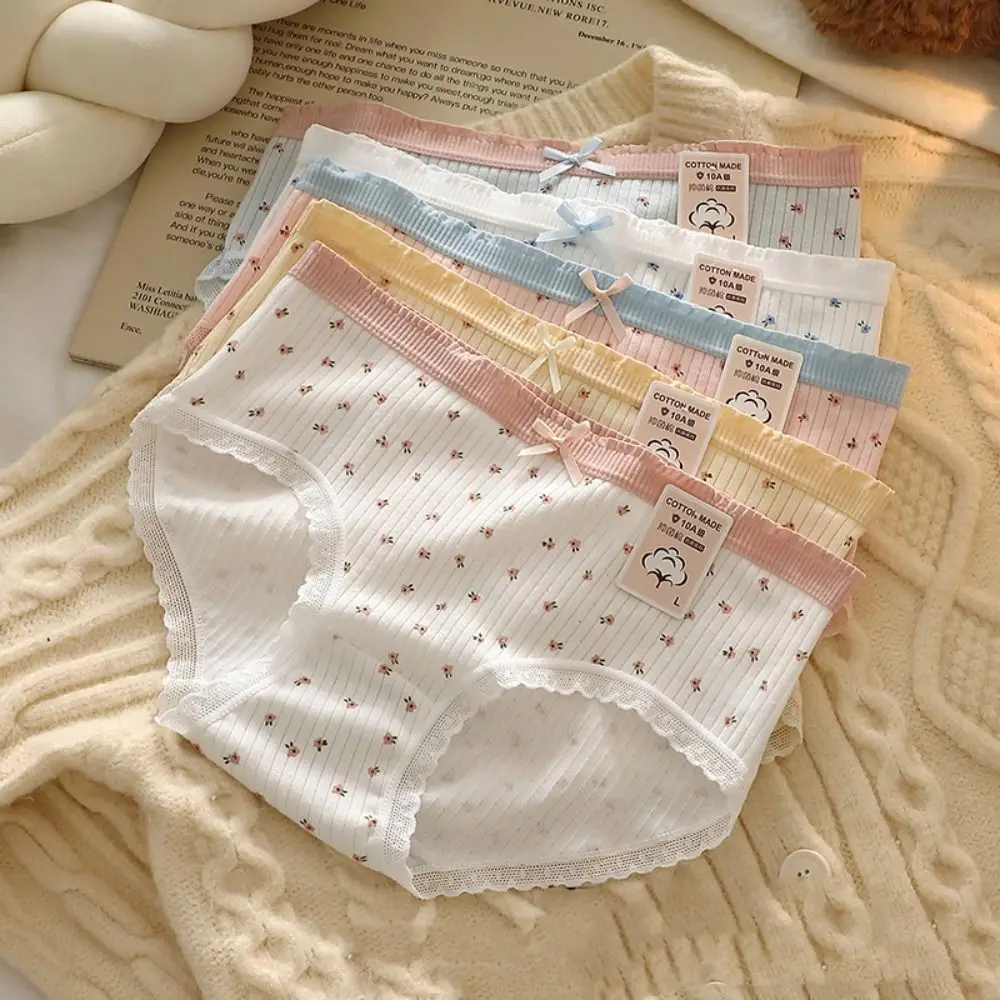 

5Pcs Soft Bowknot Lace Flower Panties Mid Waist Cotton Crotch Sweet Floral Briefs Lingerie Underpants Underwear for Women Gifts