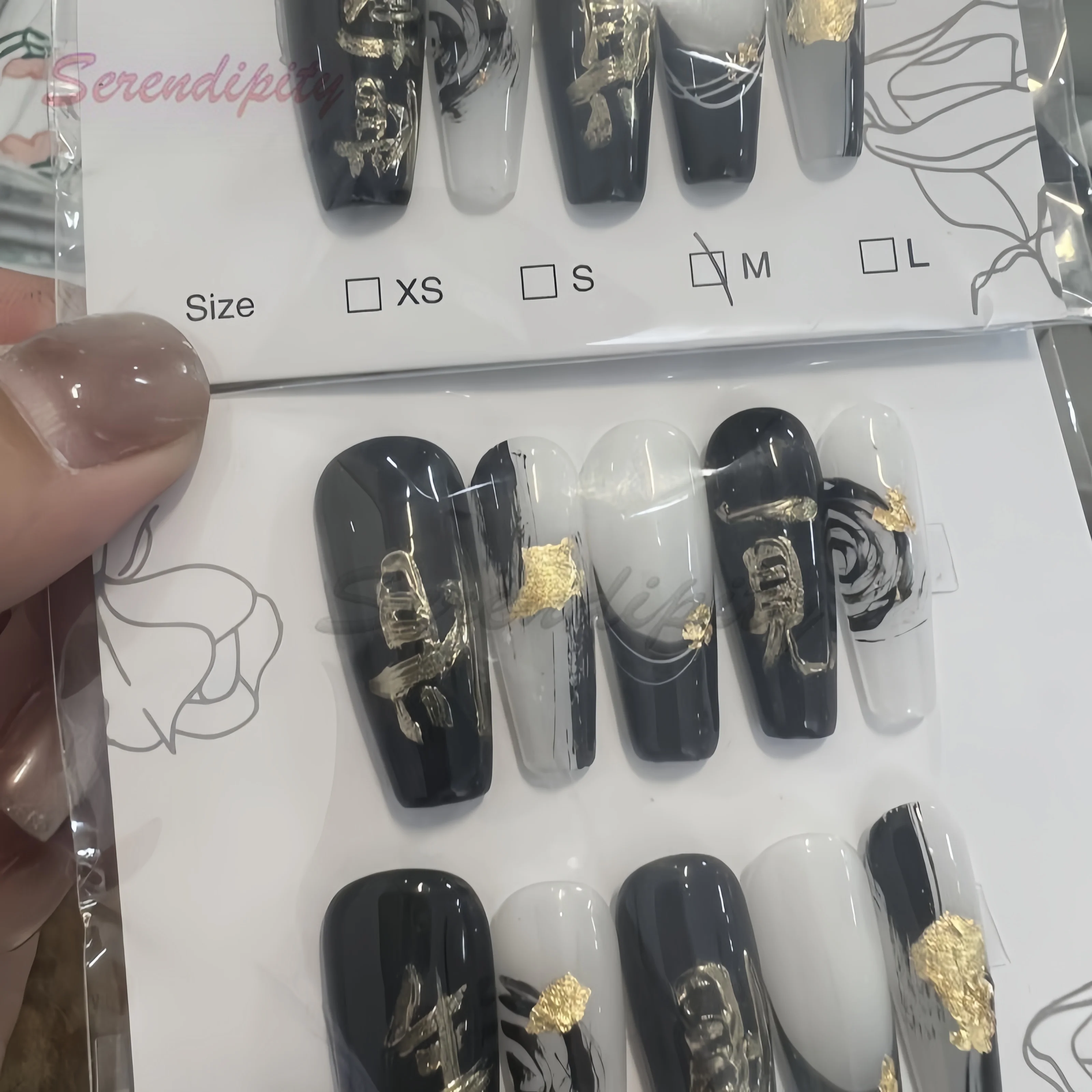 10Pcs Press On Nails Handmade Mysterious Eastern Power Fake Nails Wishing Getting Rich blessings 3D Limited with Adhesive Nails