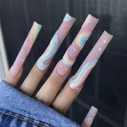 3D ballet unghie finte glitter rainbow star matte pink manicure long french coffin tips faux ongles press on false acrilico nails