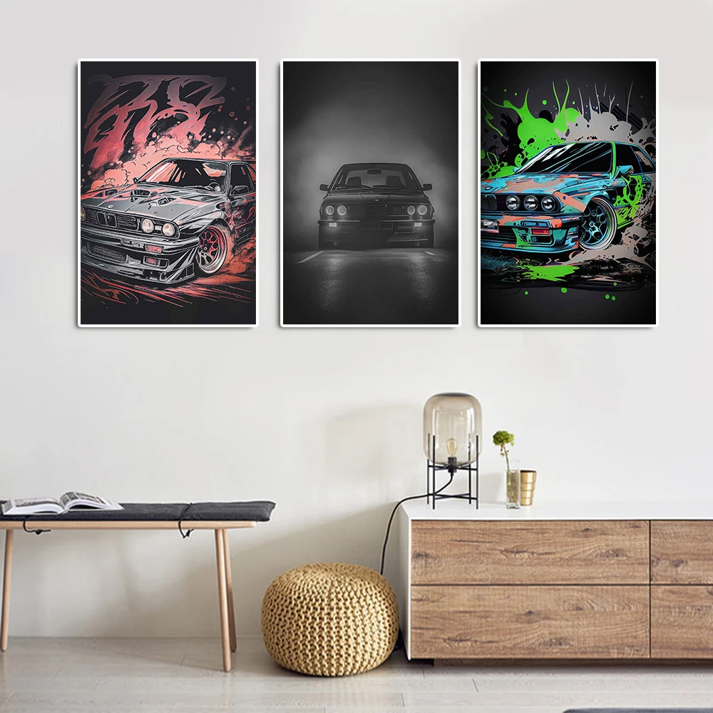 Vintage Sports Car Comic PosterLuxury Racing Watercolor Canvas Painting Black and White Supercar Wall Art, Room Decor M3 E30 E46