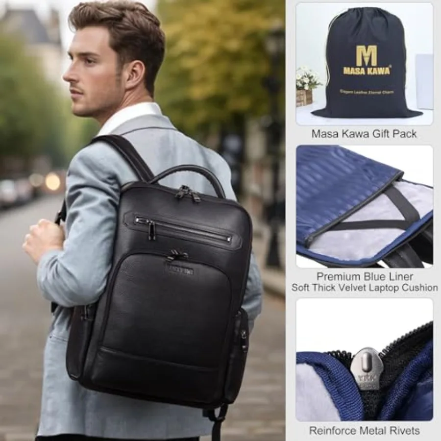 حقيبة ظهر للكمبيوتر المحمول للسفر من الجلد الأسود من Masa Kawa للرجال تناسب 15.6 بوصة 16 بوصة حقيبة كمبيوتر مكتبية للتنقل والتنقل التنفيذي وات