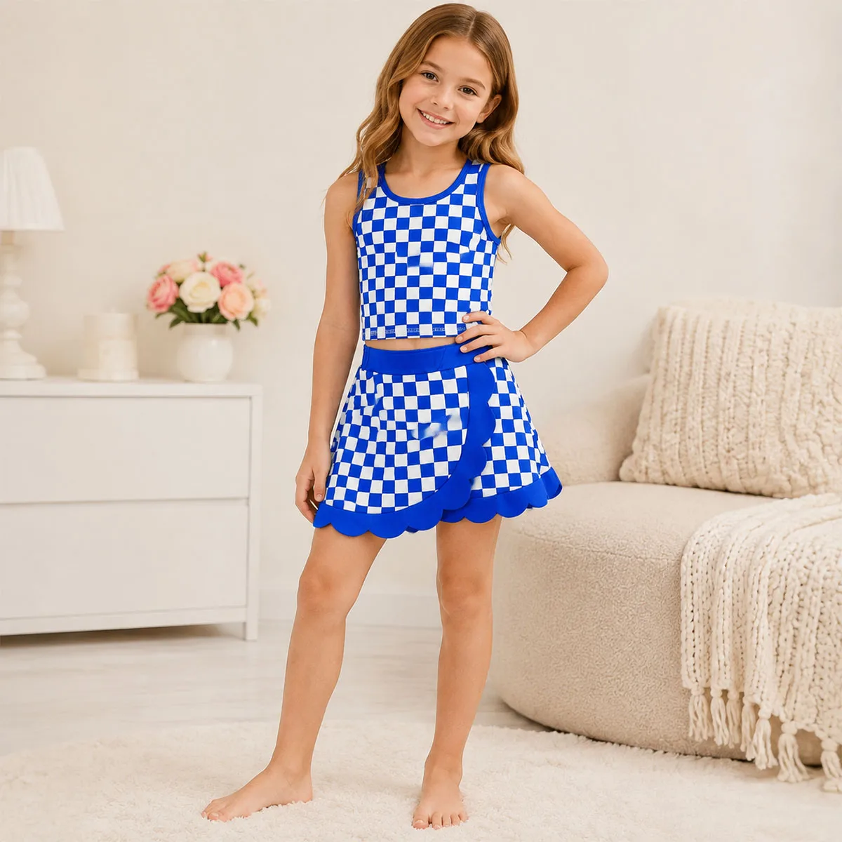 Boutique Kids Clothing Mother Kids Girls Clothes Scalloped Outfit Cute Blue Checkered Crop Scallop Skirt Shorts Yoga Active Sets