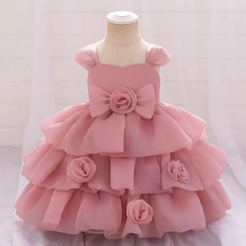 New Solid Color Flower Multi-Layer Mesh Dress for Girls Birthday Cake Dress Wedding Flower Girl Christmas Sweet and Cute Dress