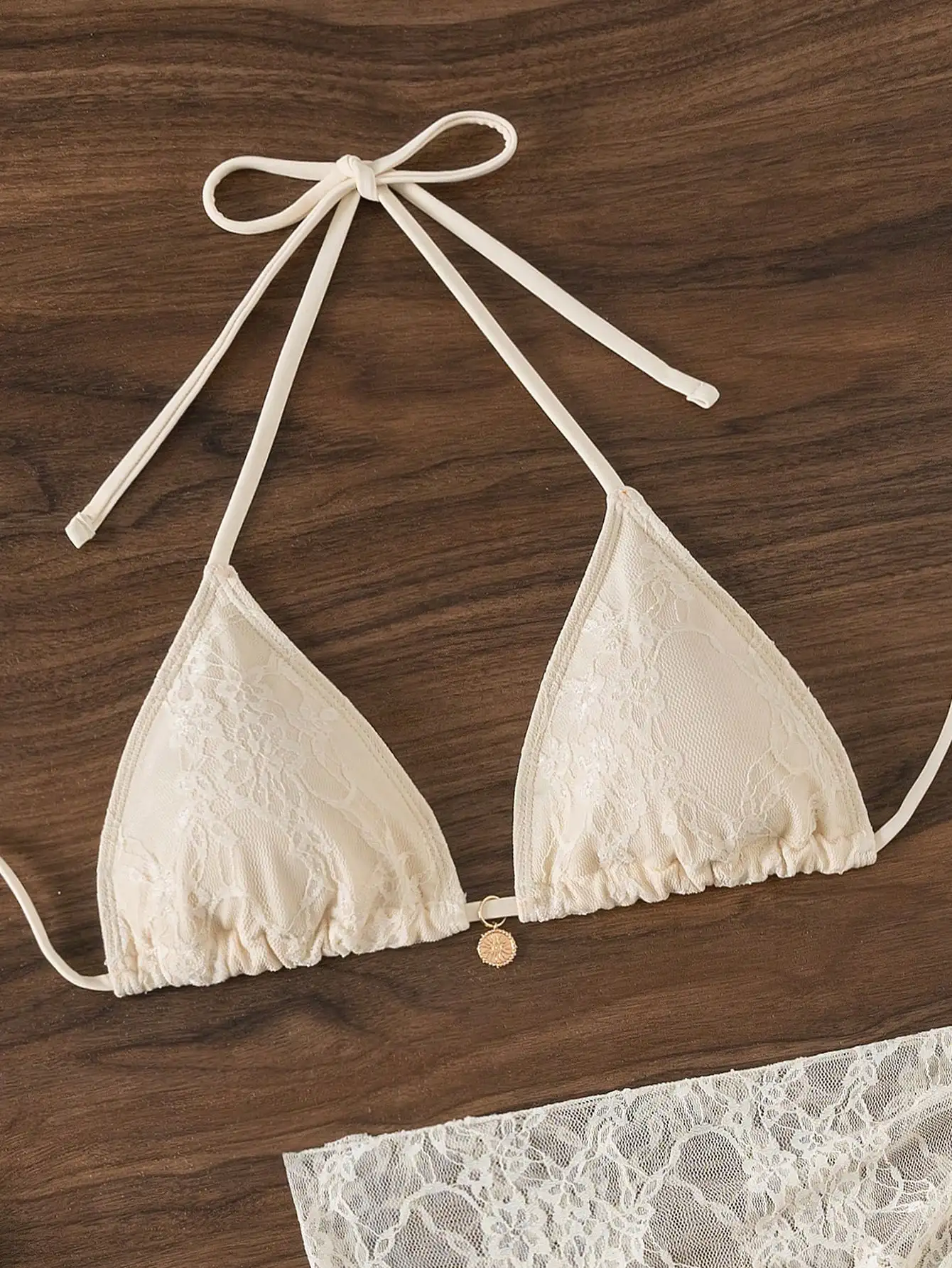 

Cream Lace Triangle Halter Bikini Top With Adjustable Ties And Matching Cover-Up For Summer Beach Wear