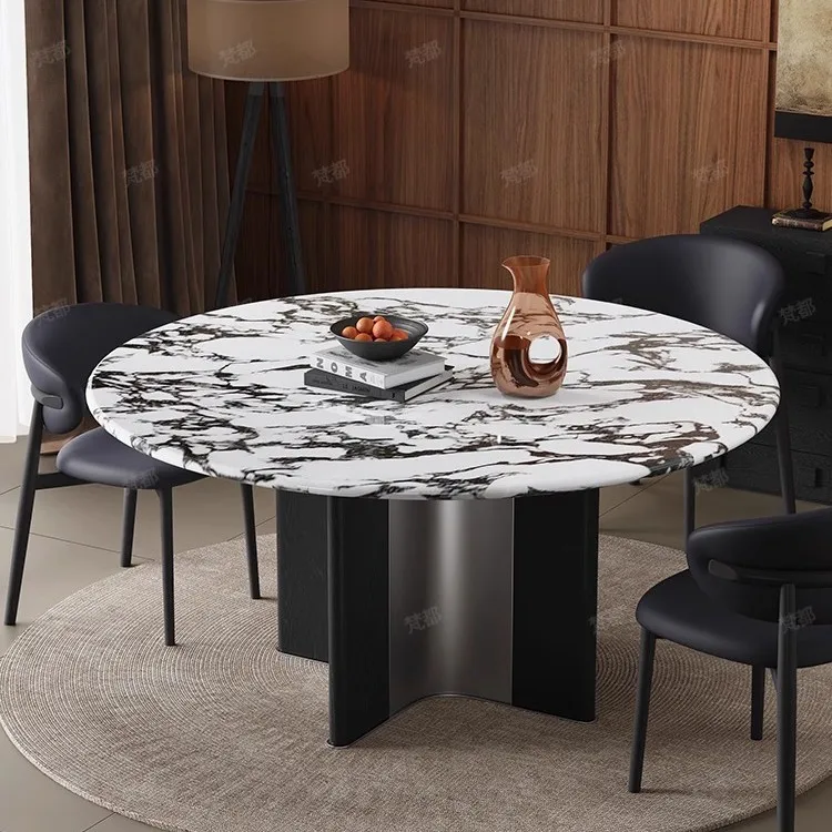 

Italian light marble round table high-end round dining table household living room antique round solid wood dining table with tu