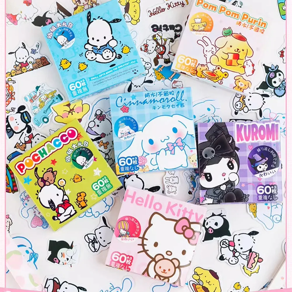 Sanrio 60PCS Waterproof Hello Kitty Stickers Gift Box Cinnamoroll My Melody Kuromi Characters Decals for Girl Decor Toys Gifts