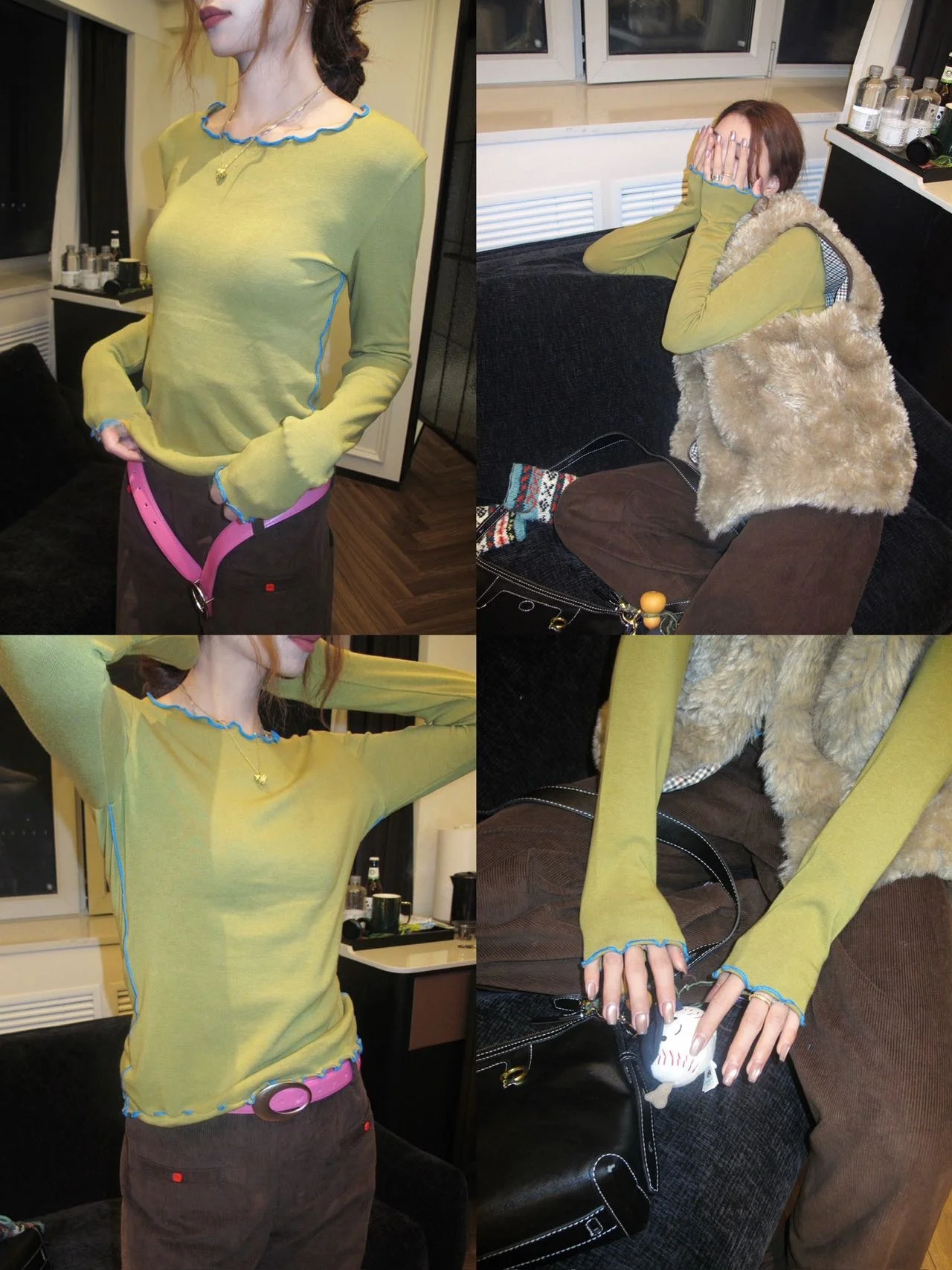 

Korean Sle Slim Fit Base irt with Wood ain Ruffle Design Color Blo Inner Wear T-irt for Women Breathable Long Sve