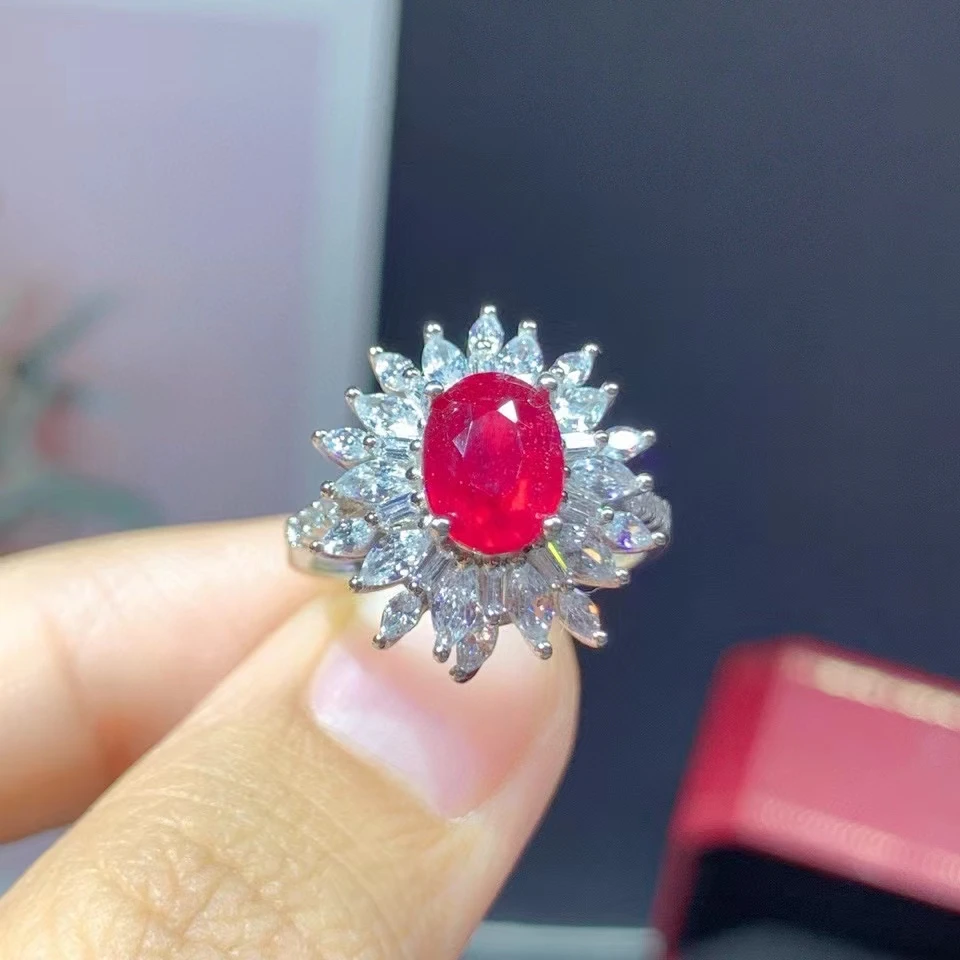 Luxury 925 Silver Ruby Ring for Wedding 6mm*8mm 1ct Heated Natural Ruby Silver Ring with Gold Plated Keep Shining