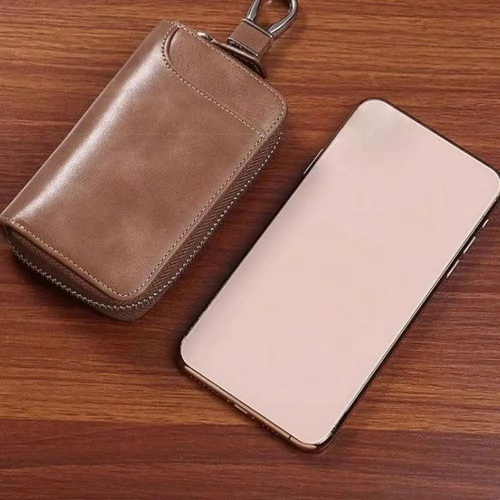 Multi-functional Retro Key Organizer Pouch PU Leather Portable Car Key Wallet Buckle Zipper Key Case Commuting Use