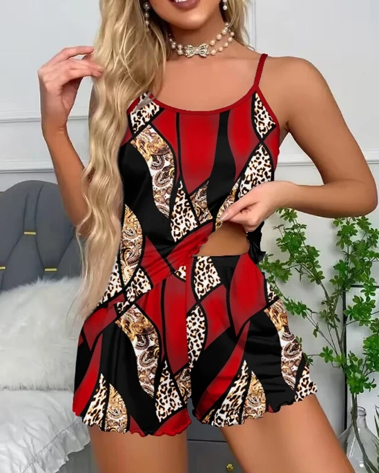 Basic Versatile Style 2024 Spring Summer Shorts Set with Contrasting Leopard Print for Home Pajamas Set Round Neck Sleeveless