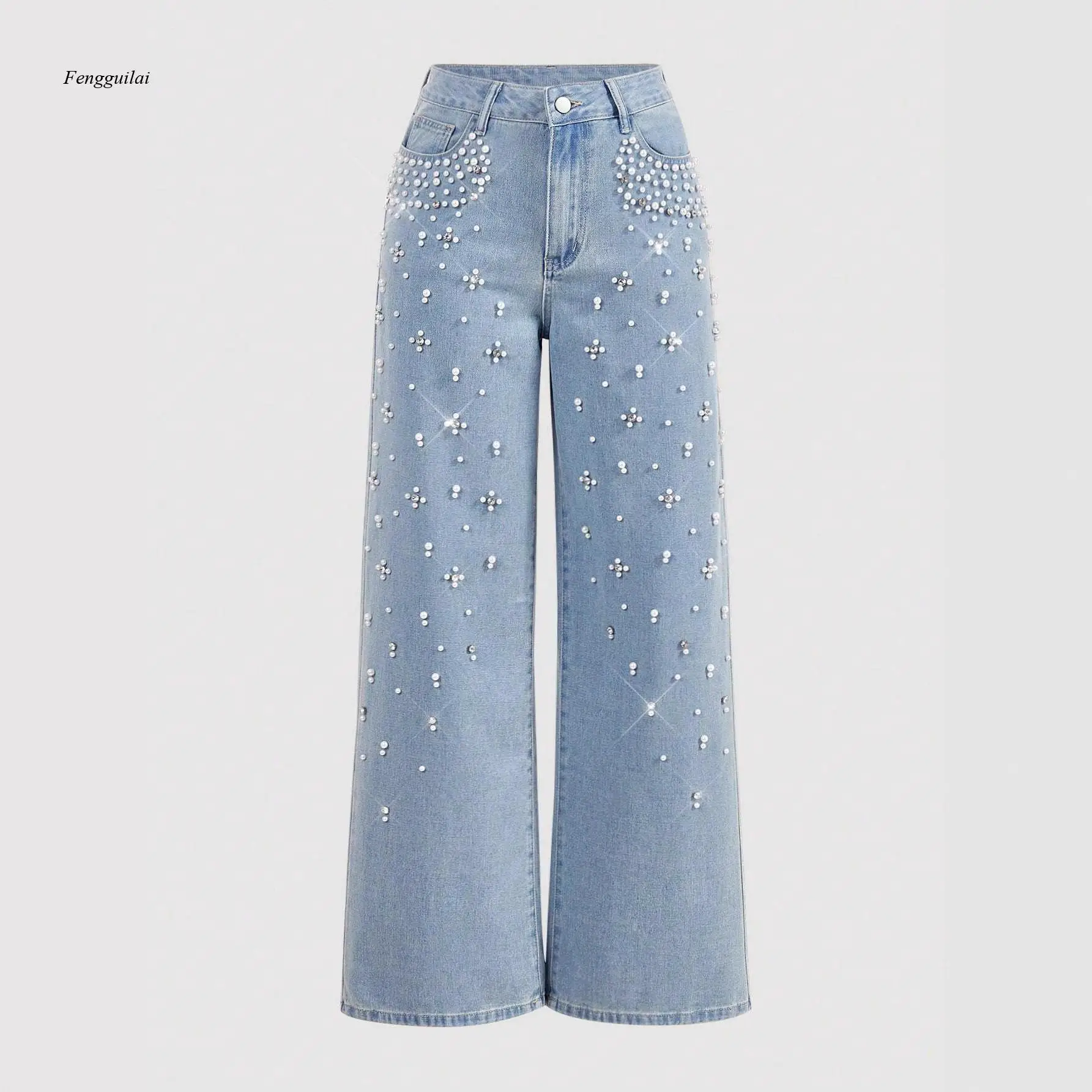 European and American Casual Loose-Fitting Slimming Denim Women's Bead-Studded Straight-Leg Pants