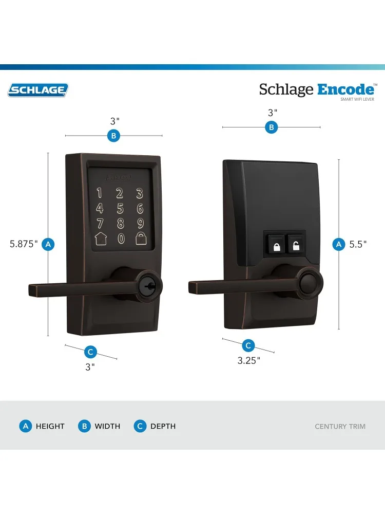 FE789WBCEN716LAT Coding Century WiFi Latitude Lever Smart Keyless Entry Touchscreen-Türschloss, gealterte Bronze