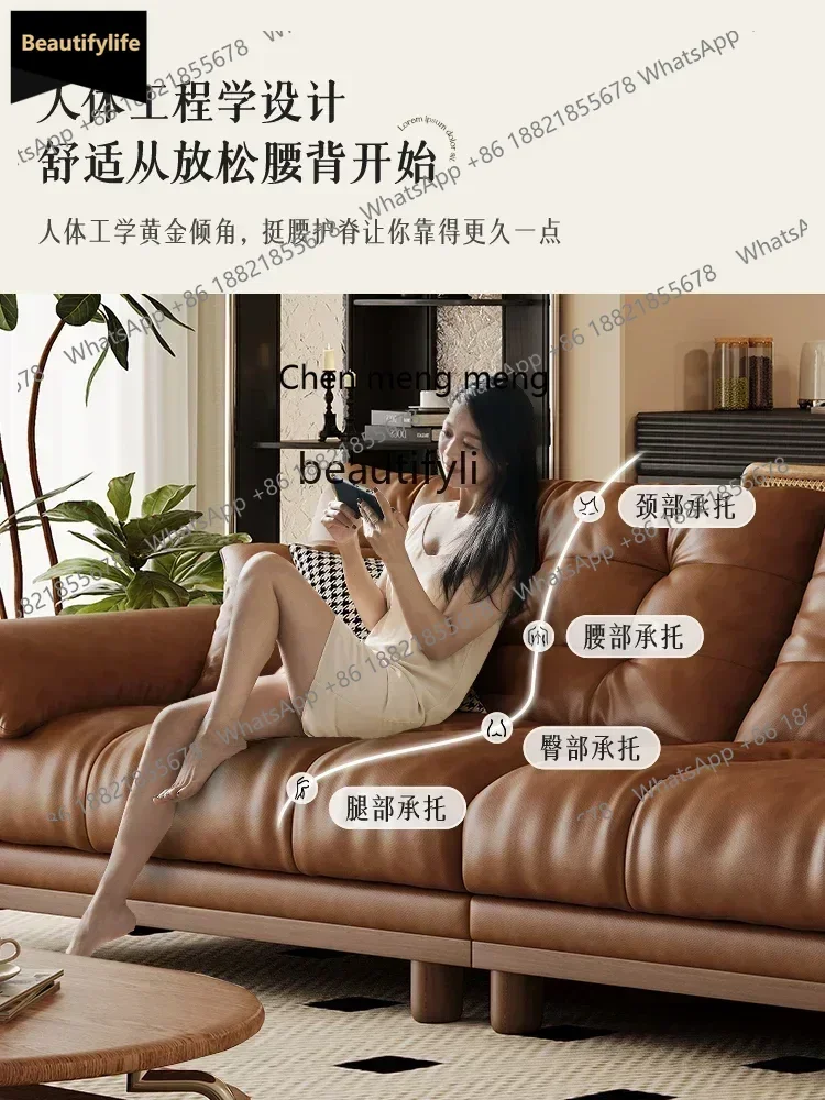 

Y183FALiving room solid wood sofa new three-person straight row small apartment retro first-layer cowhide sofa