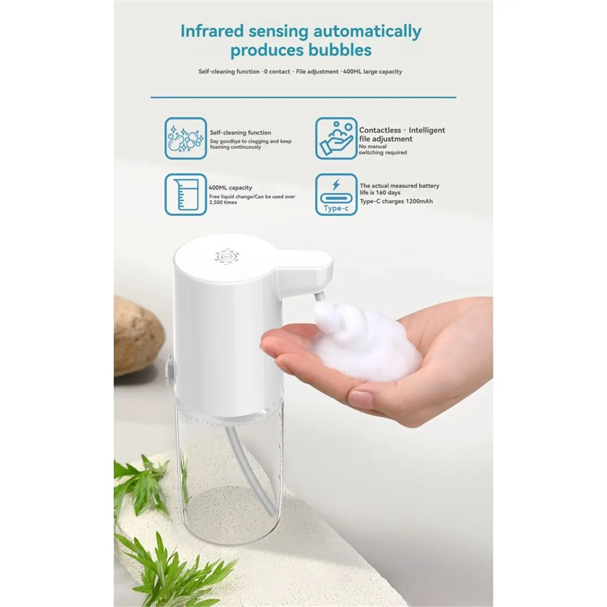 update. 400ML Foam Output USB Soap Dispenser Infrared Sensor Hands-Free for Kitchen and Bathroom