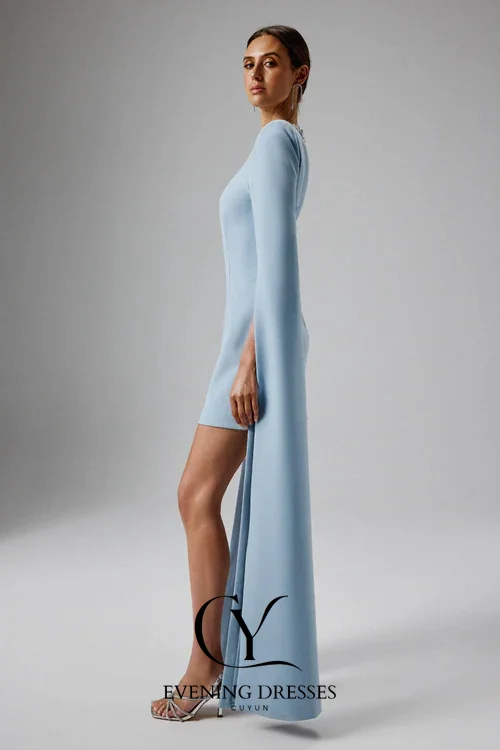 CUYUN 2025 جديد الأزرق كيب الأكمام فساتين صغيرة النساء فستان حفلات سكوب طوق الديكور الفاخرة النساء فستان الحفلات للمناسبات الرسمية