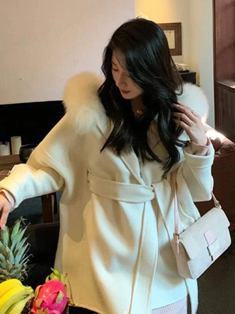 المرأة مزدوجة الوجه معطف الصوف الخريف الشتاء الملابس الإناث 2025 موضة جديدة مقنعين ريال فوكس الفراء الكشمير سترة صوفية