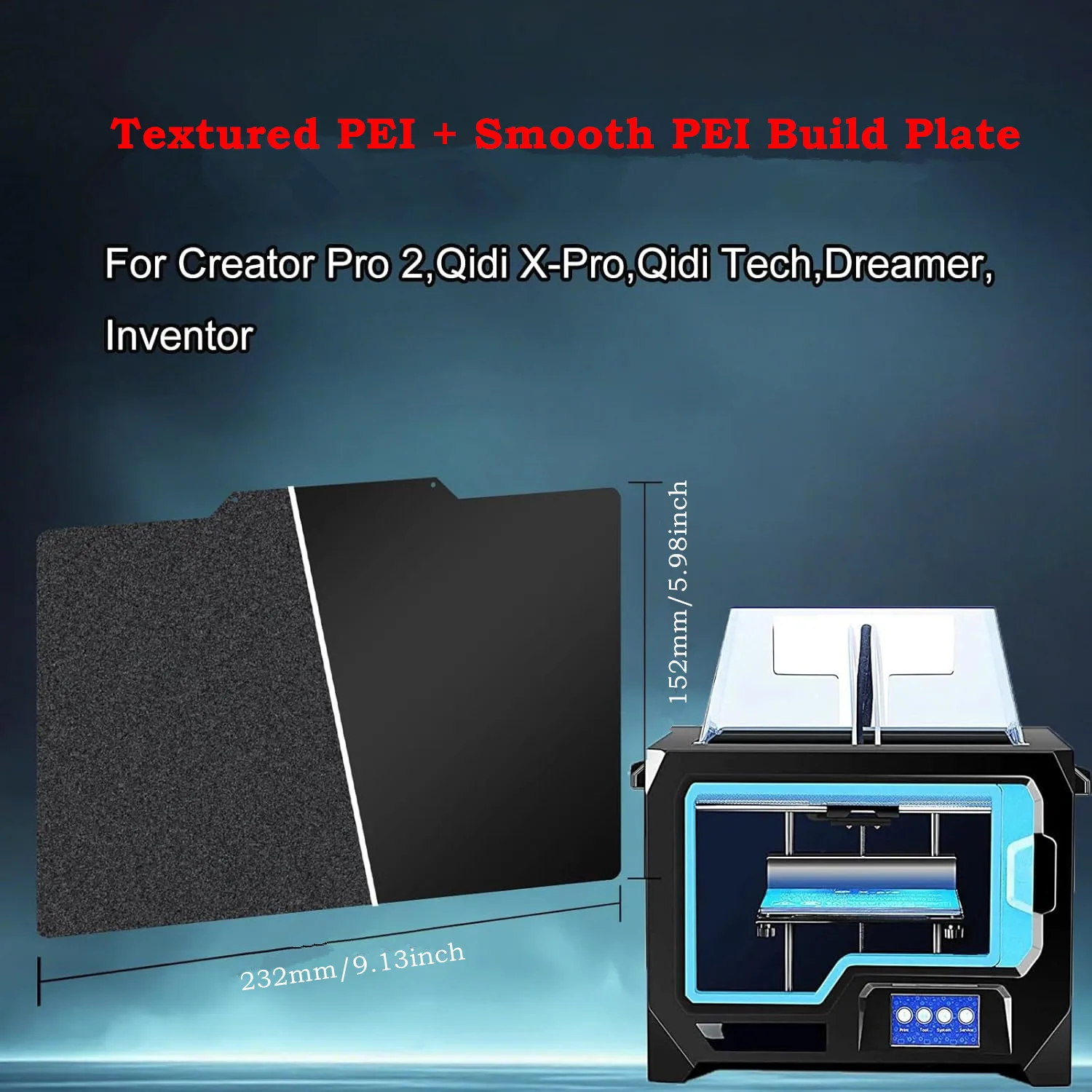 

Двусторонняя гладкая текстурированная черная PEI-пластина Qidi X-Pro 232x152 мм из пружинной стали для Creator Pro 2/Dreamer/Inventor