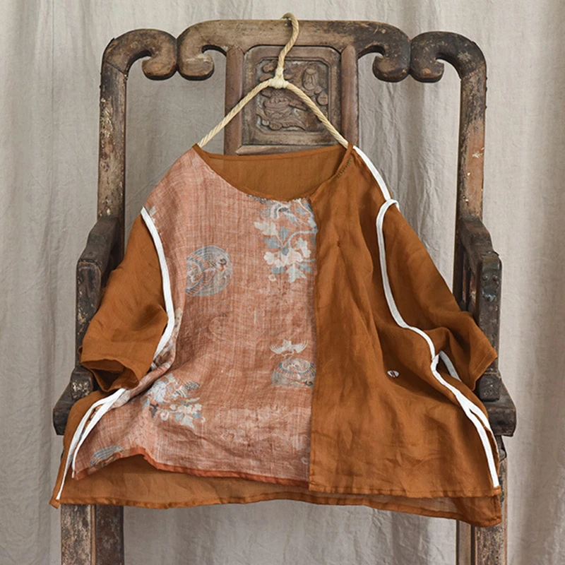 Donne di stile cinese Casual T-shirt di lino Nuovo arrivo 2025 Estate Vintage O-Collo Patchwork Stampa Allentato Femminile Magliette e camicette Tees M1364