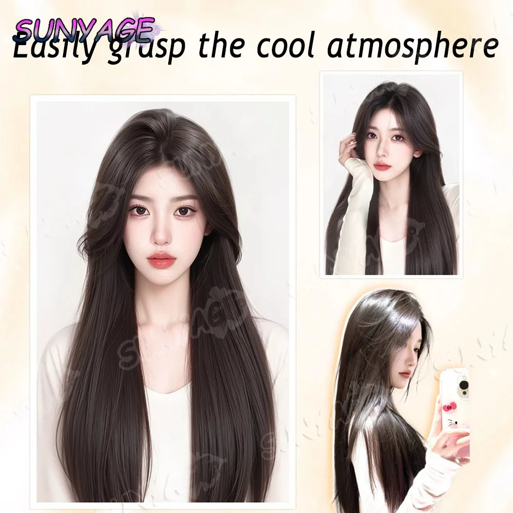 

Synthetic wig for women with long natural hair Divided into high levels of Brown Black Long color Straight hair holiday party
