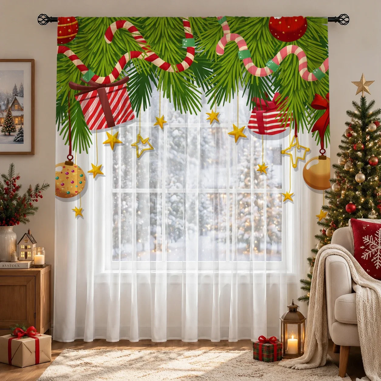 Merry Christmas Gradient Sheer Curtain, Good Quality Light Reducing Privacy Voile ForLiving/Bedroom/Kids Room,Christmas Day Gift