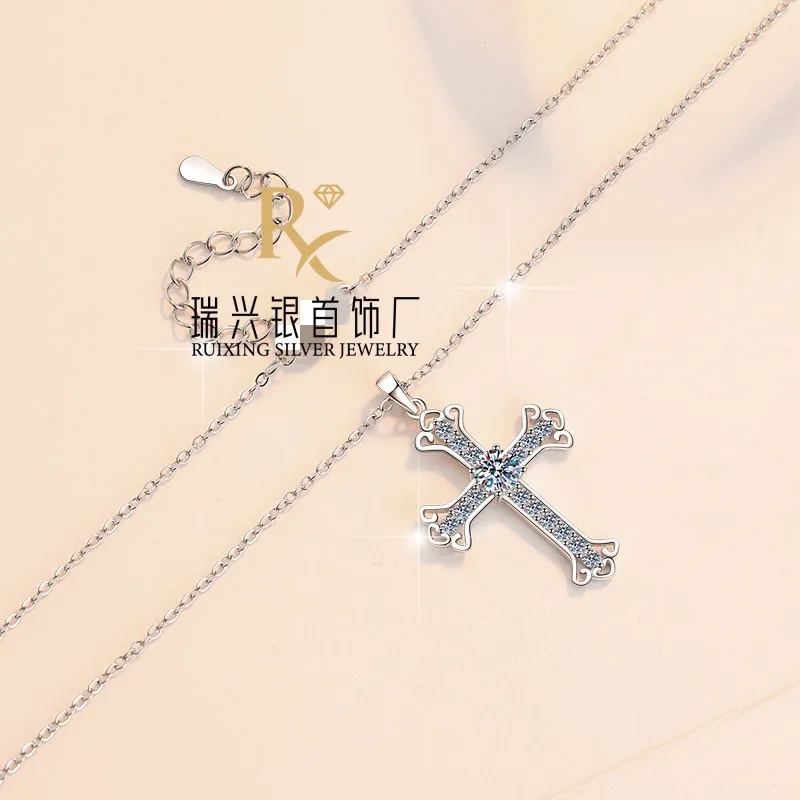 S925 Sterling Silver Cross Pendant Necklace Safety Guard Premium Sweater Chain Collarbone Chain