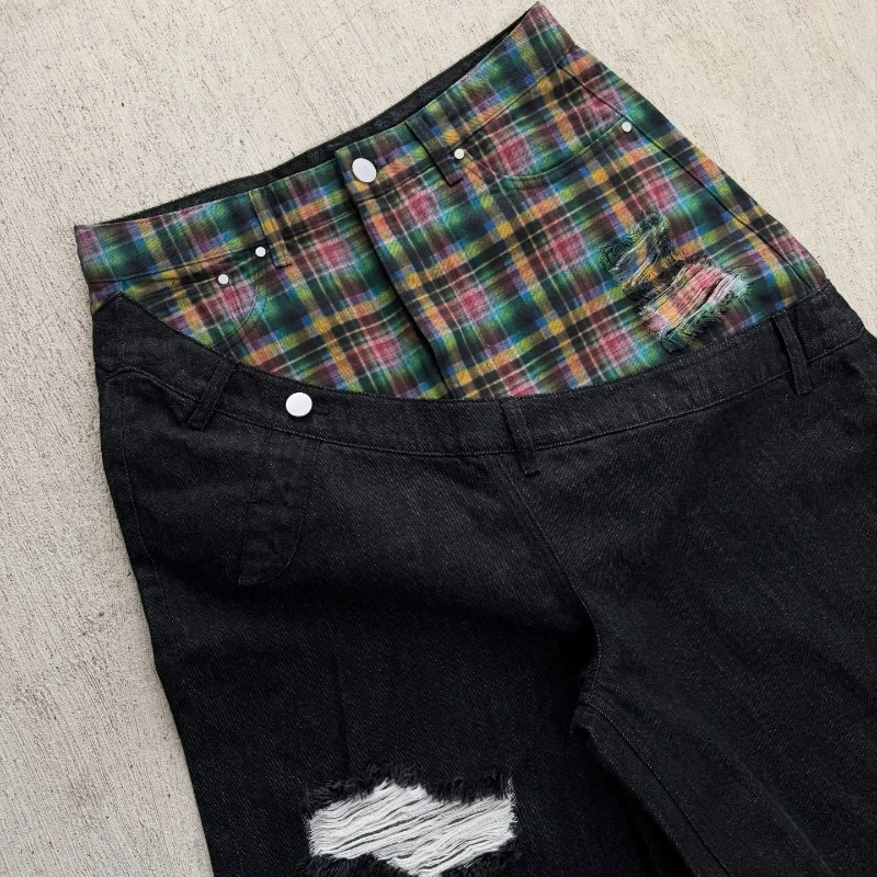 Jeans baggy Y2K à coupe oblique, patchwork à carreaux rétro, pantalon large pour hommes et femmes, streetwear hip-hop américain, jeans décontractés unisexes