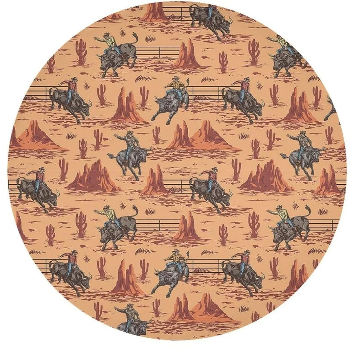 Vintage Western Cowboy Riding Horse Circle Tablecloth - Cactus Desert Cow Farmhouse Country Party Dining Cover